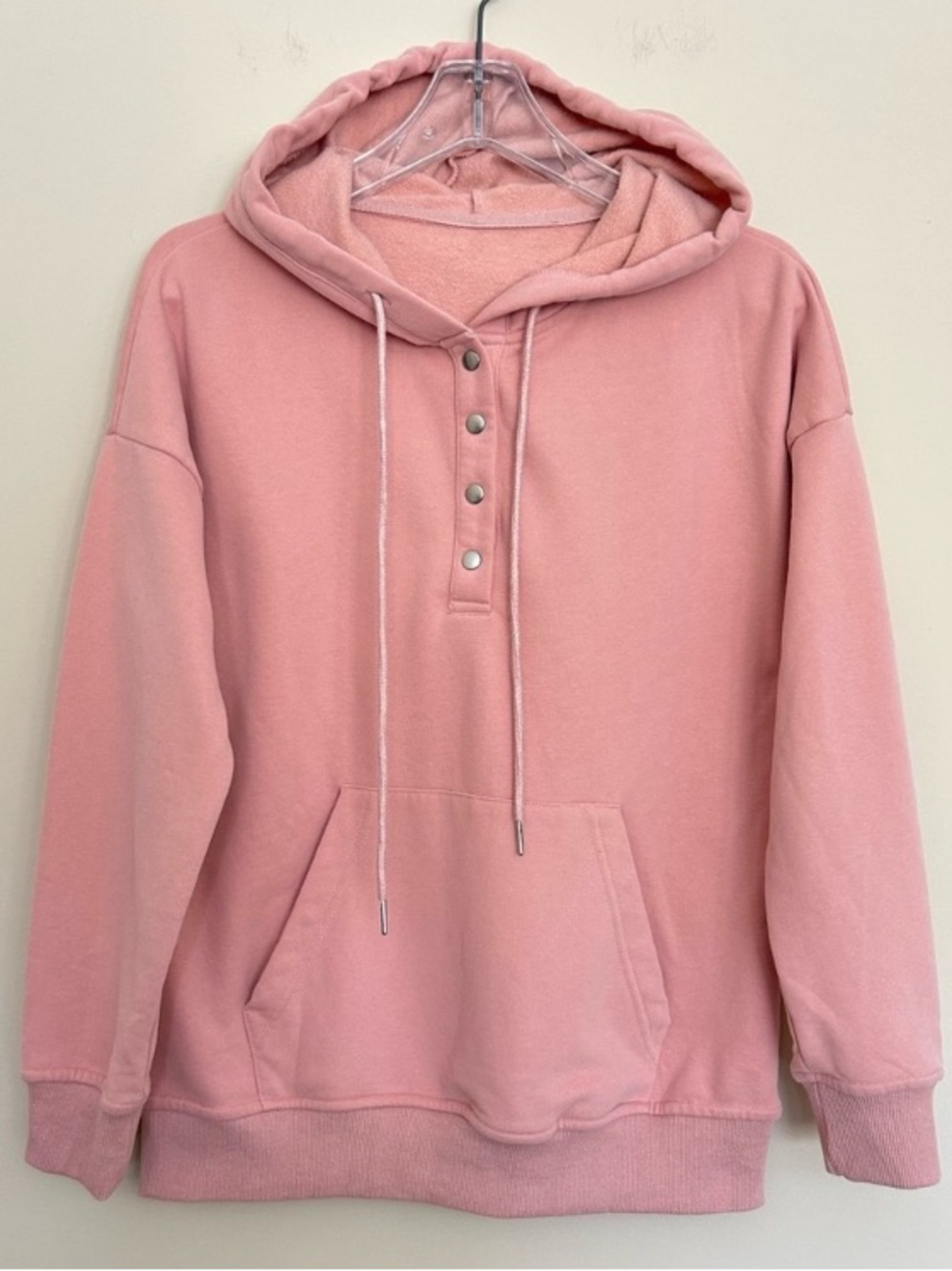 Women's Cream Pink Snap Front Fleece Hoodie with Kangaroo Pockets